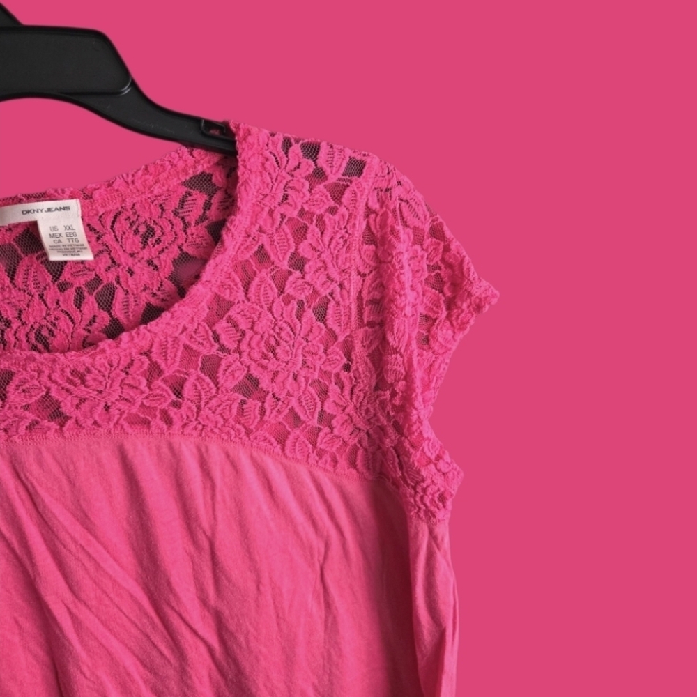 4/$15 DKNY Fuchsia Lace Short Sleeve Top Boho Tee Layer Dress Bright - Picture 6 of 6